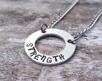 Strength Necklace, Motivational Courage Necklace, Hand Stamped Jewellery, Positive Message Present, Empowerment Gift for Her, Inspirational