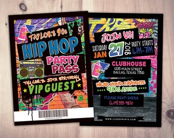 Hip Hop, Swagger, VIP PASS, backstage pass, Vip invitation, birthday invitation, pop star, lanyard, Fresh Prince, birthday,90s party, Neon