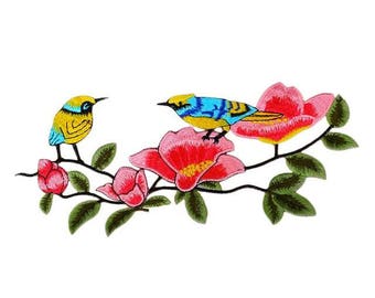 1 Blue Yellow BIRD on Branch Applique Sew On Animal Patch Sticker
