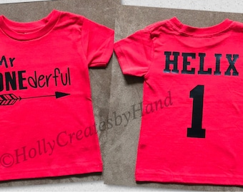 First Birthday Shirt, Mr. ONEderful Birthday Shirt, Name and age on back - Many color options!!