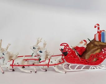 Vintage Plastic Santa Sleigh with Reindeer, Santa and Reindeer, Plastic Santa, Vintage Christmas Decoration, Retro Christmas Decor