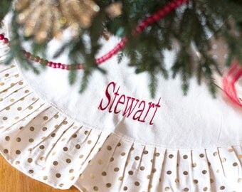 Gold Dot Monogrammed Christmas Tree Skirt - Christmas Tree Skirt Personalized - Personalized Tree Skirt - Monogrammed Holiday Decor