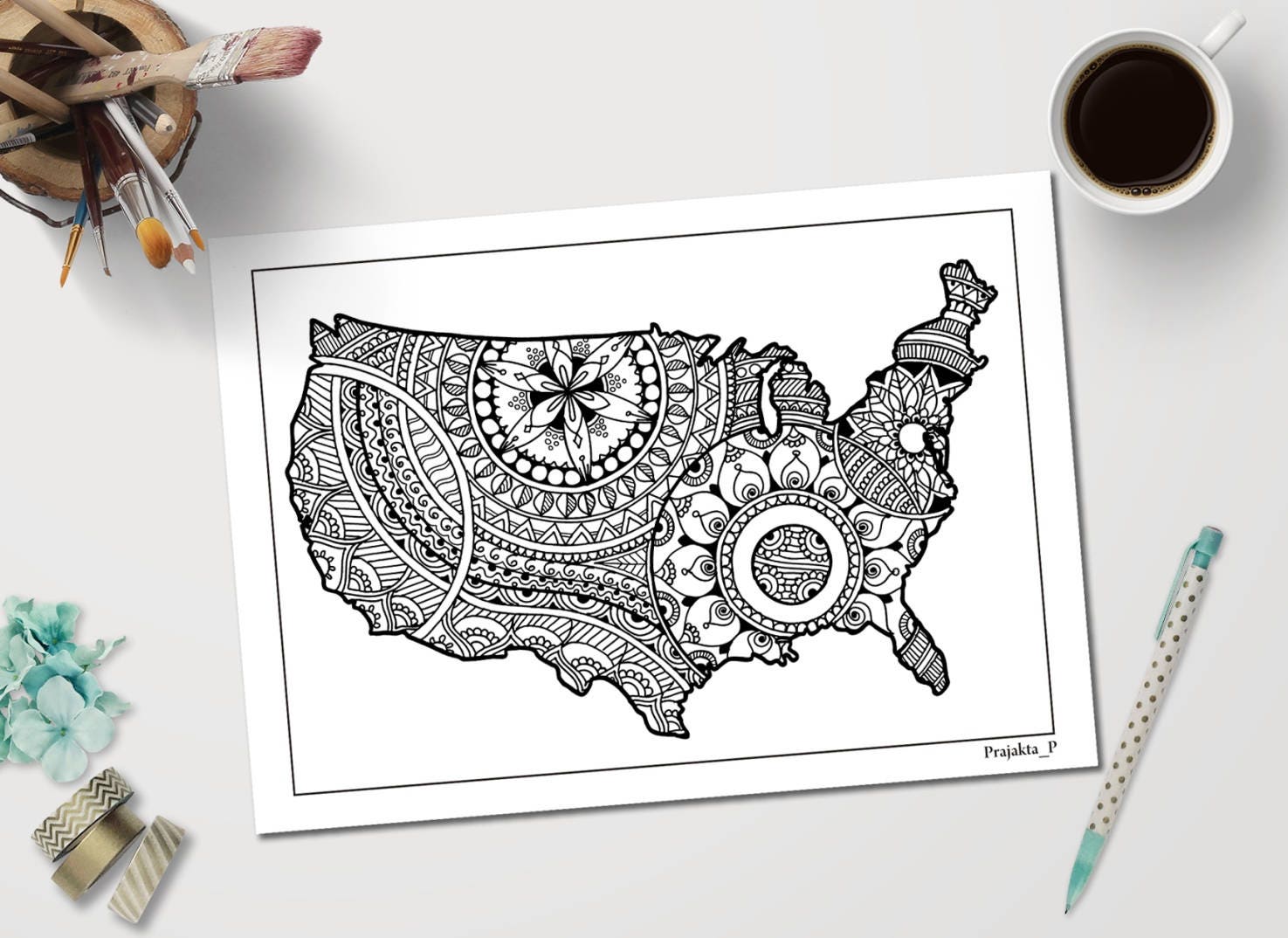 USA map printable adult coloring page inspired by Zentangle