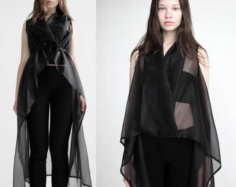 Asymmetrical organza top/ transparent black dress