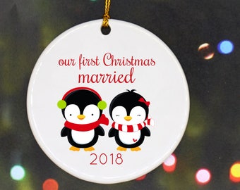 Wedding Ornament Our First Christmas Ornament First Christmas Custom Holiday Ornament Personalized Christmas Ornament Penguins Mr and Mrs
