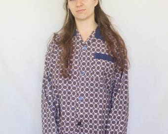 Pyjama Shirt Vintage 1960s Button Up Psychedelic Circle Print Fawn Blue