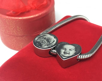 Photo Engraved Stainless Steel Heart Charm Bead - Fits Pandora Bracelets & Bangles - Perfect Personalised Gift