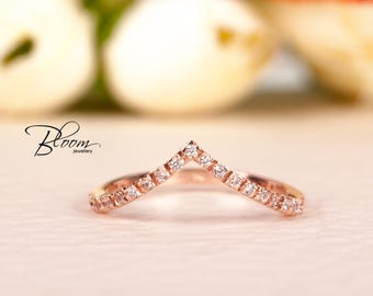 Delicate Rose Gold Chevron Ring Rose Gold Ring 14K Solid Gold CZ Gold Ring Cubic Zirconia Wedding Ring BloomDiamonds