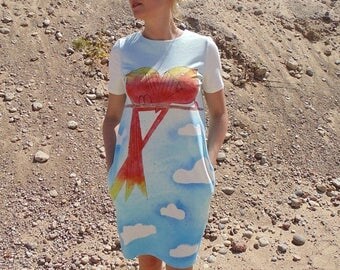 SALE Sexy Summer Dress, Plus Size Dress, Light Blue Dress, Sun Dress, Bird Dress, Cloud Dress, Bohemian Clothing, Beach Dress, Short Sleeve