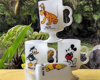 Disney Mugs Set of 4, Vintage Walt Disney Productions Milk White Mugs, Mickey Mouse, Donald Duck, Pluto, Winnie The Pooh, Collectible Mugs