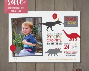 Dinosaur Invitation with Photo, Dinosaur Birthday Invitation, Dinosaur Photo Invitation, Dinosaur Party Hats Invitation, Dino-Mite Party