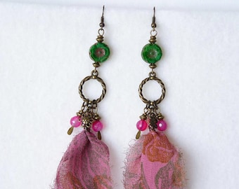 Fabric Silk Earrings, Boho Earrings, Bohemian Earrings, Indian Sari, Tassel Earrings, Long Earrings, Hippie Earrings, Gypsy Earrings