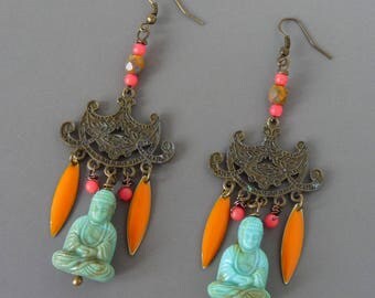 Buddha Earrings, Ethnic Earrings, Gypsy Jewelry, Hippie Chic, Buddha Pendant, Amulet, Talisman, Handmade, Teen Girls Gift Idea, Spiritual