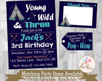 Tribal Birthday Invitations - Young Wild and Three Invitation - Teepee - 3rd Birthday Party - Boho - Boys Birthday Invite - Printable