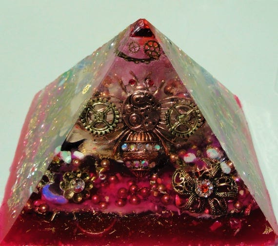 Steam Punk Buzzer Bee Orgonite Glow in the Dark Pyramid 4.25 x 3" Steampunk Gears and Cogs Free gift by MonsterOrgonite steampunk buy now online
