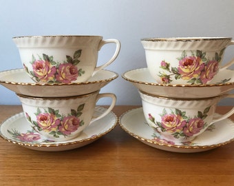 Made in England VintageTea Set, Johnson Brothers "Old English" Pink & Yellow Rose Tea Cups and Saucers, Set of Four Gold Rim Teacups