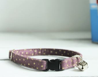 Cat Collar Purple Stars - breakaway clip with metal slider - optional bell