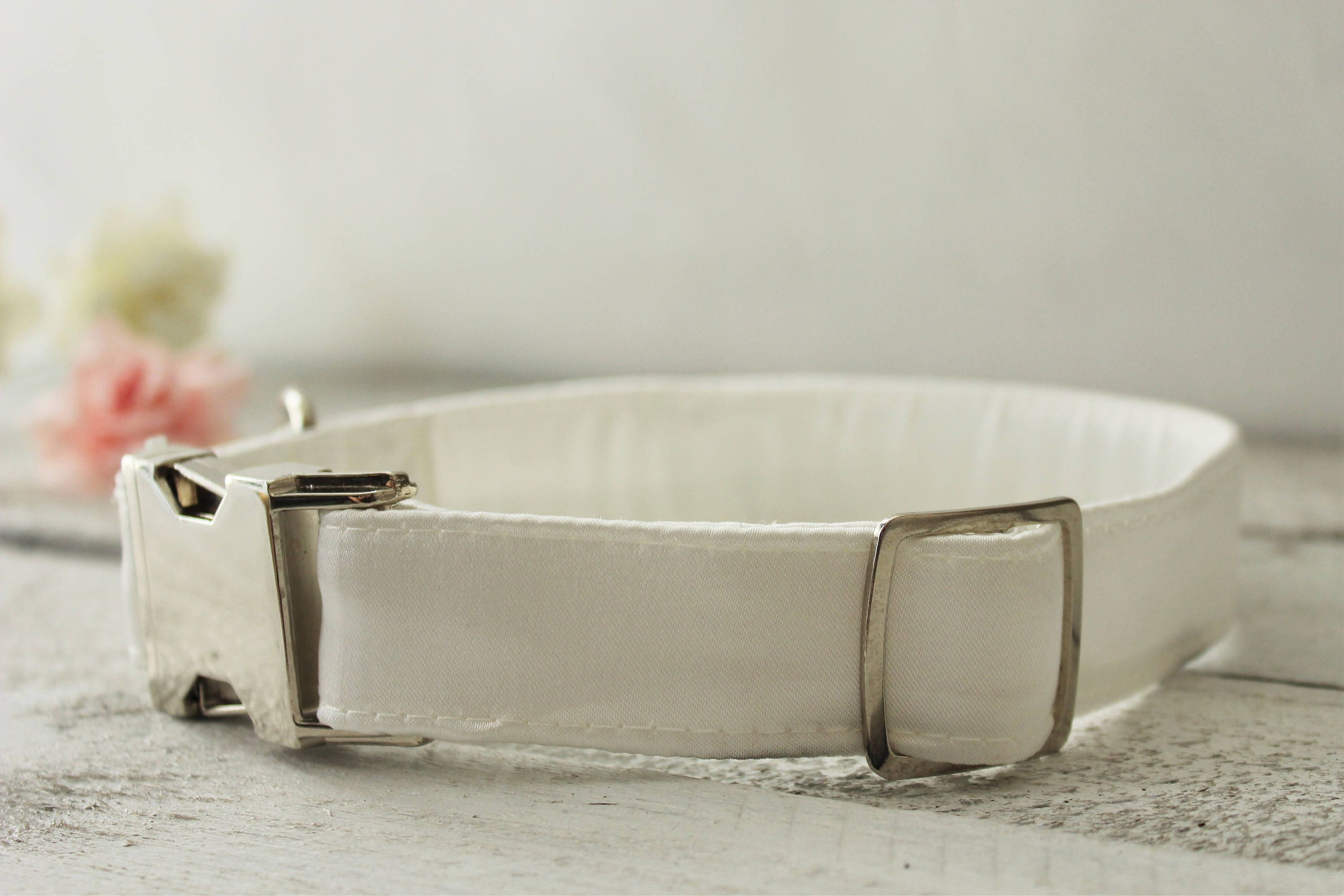 Dog Collar Wedding Ivory satin with silver metal fittings