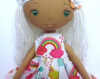 Sale! Handmade doll,cloth doll, pixie doll, rag doll, fabric doll. rainbow, heirloom doll, nursery,girlsroom, gift for girl, white hair, tan