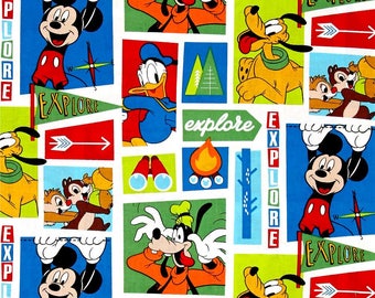 Disney Fabric, Disney Mickey Fabric: Mickey and friends- Explore Everywhere Blocks 100% cotton Fabric by the yard