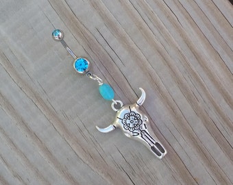 Steer Head Rose Belly Button Ring, Silver Belly Ring, Cow Skull Navel Ring, Navel Piercing, Body Jewelry.