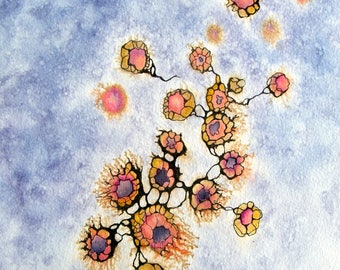 Art abstrait contemporain - Encres sur papier "Fleurs" Oeuvre originale - Encre de chine noirerouge, ocre, bleu