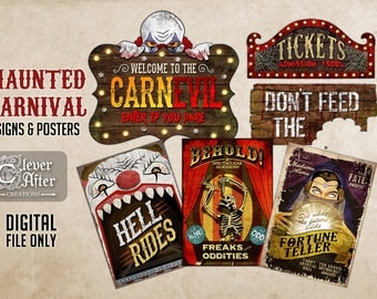 Haunted Carnival Signs Halloween Vintage Circus Printable Posters Evil Scary Clown Carnevil Props Horror Funhouse sign freak show entrance