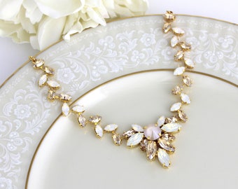 Gold Bridal necklace, Crystal Wedding necklace, Bridal jewelry, White opal, Champagne crystal, Statement necklace, Swarovski necklace