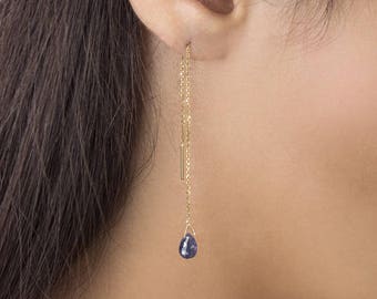 Sapphire Threaders, Sapphire Birthstone Earrings, 14K Gold Earrings, Yellow Gold, September Birthstone, Gold Chain Earrings, Sapphire Drop