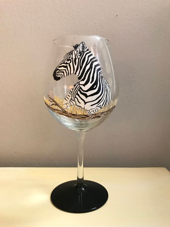 Hand Painted Zebra Wine Glass