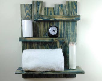 Distressed Wood Blue Bathroom Wall Shelf – Coastal Decor Reclaimed Wood Wall Shelves – Blue Bathroom Shelves – 3 Tier Bathroom Shelving Unit