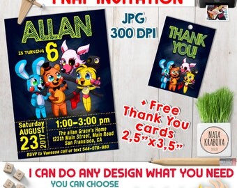 Five Nights at Freddy's invitation + free Thank you cards. 5 nights at Freddy's Party Printables. FNAF invitation. 3 colors