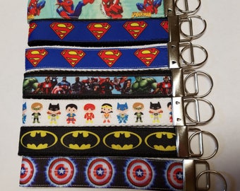 Superhero Key Fobs Superman, Batman, Captain America, DC Cartoon, Marvel, Spiderman Wristlet, Key Chain