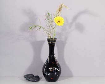 Vase. Glass, black. Germany, 50s. Vintage flower vase. Mid century interior decoration.