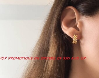 Leaf huggie. Leaf Hoop Earrings. Sterling Silver Cz earrings. Dainty Gold Vermeil Earrings