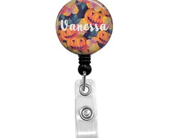 Badge Reel - Cute Customized ID Holder - Personalized Nurse Name Reel - Pretty Jack-o-lantern Pumpkin Halloween Autumn Fall Badge Reel