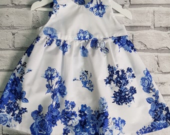 Baby Dress, Floral Baby Dress, Small Girls Dress, Blue and White, Floral, Cotton Summer Dress