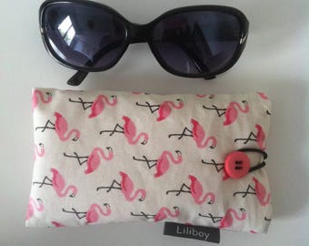 étui téléphone ou lunettes "flamands roses" en coton enduit blanc, rose et noir