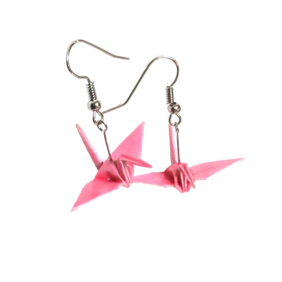 Origami earrings glossy pink origami crane origami