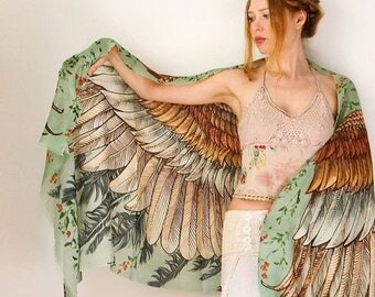 SALE Silk Scarf, Wedding Shawl, Wings Scarf, Summer Scarf, Digital Print Sarong, Boho Hand Painted Feather Shawl, Girlfriend Gift, Silk Wrap