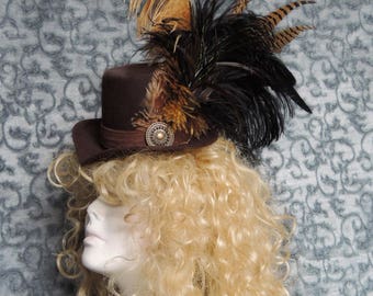 Dramatic Brown and Black feathered Victorian Steampunk Hat / Goth Mini Riding Hat OOAK