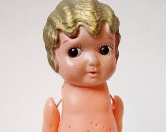 Vintage Celluloid Carnival Doll - 1930s Fairground Prize Kewpie Doll with Painted Gold Hair