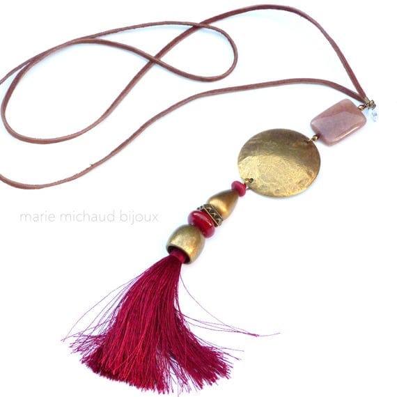 Boho necklace with tassel,Hippie chic necklace,Bohemian necklace with tassel,Silk tassel necklace,Silk and leather necklace,Fall jewelry
