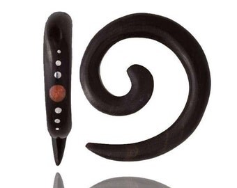 Black Wood Spiral gauged earrings with Coral Inlay, Ear stretcher, Ear expanders, Spiral earrings, Inlaid Wood earrings, Tribu