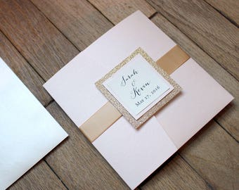 Gold Glitter Wedding Invitation, Blush Pocket Invite, Blush Wedding Invites, Glitter Wedding Invitation, Gold Glitter and Blush Pocketfold