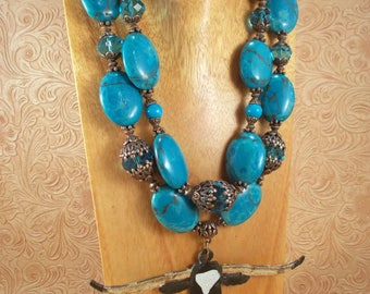 Western Cowgirl Statement Necklace Set - Chunky Dark Turquoise Howlite - Hand Painted Texas Longhorn