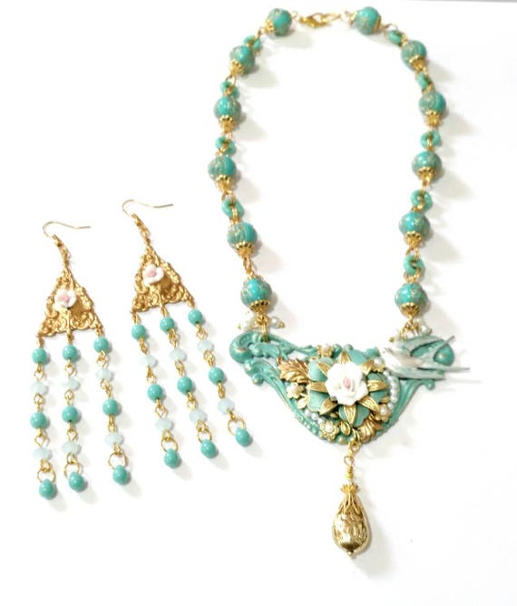 Collage Assemblage Necklace set Turquoise Brass with Matching
