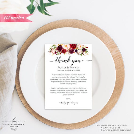 Printable Burgundy Floral Wedding Thank You Note 5x7