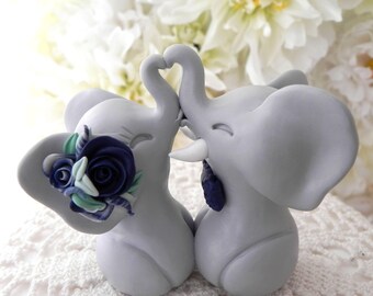 Wedding Cake Topper, Elephants in Love,Gray and Shades of Navy and White, Bride and Groom Keepsake