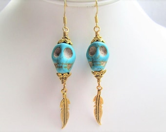 Turquoise Skull and Gold Feather Earrings, Boho Chic, Festival Jewelry, Bohemain Style